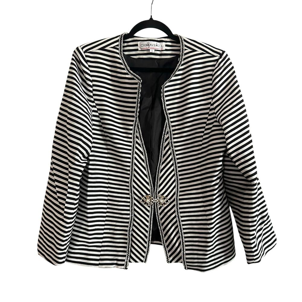 DONNA VINCI Black White Striped Church Suit Skirt Jacket Set Rhinestone Trim 14 - Picture 2 of 10